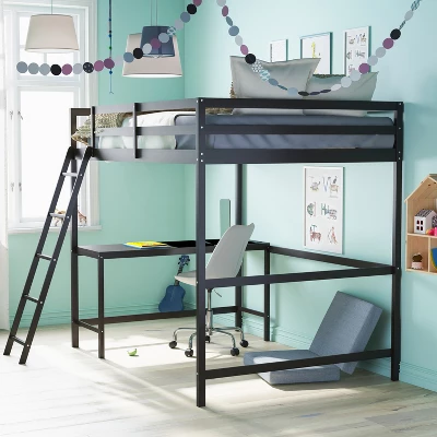 Flash Furniture Riley Loft Bed Frame With Desk, Wooden Bed Frame With Protective Guard Rails & Ladder For Kids And Teens 5 Flash Furniture Riley Loft Bed Frame With Desk, Wooden Bed Frame With Protective Guard Rails & Ladder For Kids And Teens - Image 3