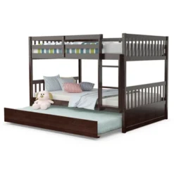 Costway Full Over Full Bunk Bed Platform Wood Bed W/ Trundle & Ladder Rail Brown/White -Child Furniture Shop GUEST 06b9c3d4 7a40 4316 b254 1b21682fd71e