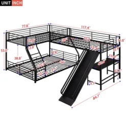 L-Shaped Twin Over Full Bunk Bed With Twin Size Loft Bed,Built-in Desk And Slide, Black - ModernLuxe -Child Furniture Shop GUEST 0da85a32 5d02 4bac 9d61 8b7a604408aa