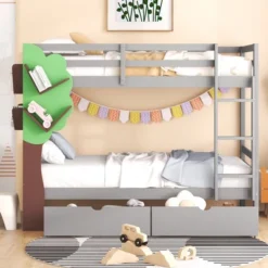Twin-Over-Twin Bunk Bed With A Tree Decor And Two Storage Drawers-ModernLuxe