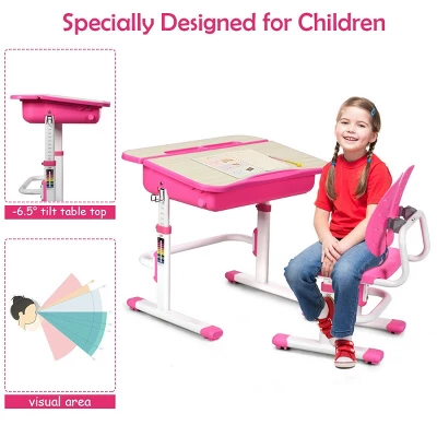 Costway Adjustable Children Study Desk Chair Set W/Winged Backrest Pink 6 Costway Adjustable Children Study Desk Chair Set W/Winged Backrest Pink - Image 4