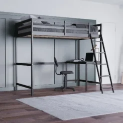 Emma And Oliver Twin Wood Loft Bed Frame With Protective Guardrails And Integrated Desk And Ladder For Use With Any 6-8" Thick Mattress