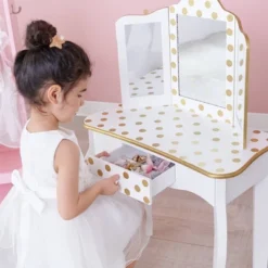 Fashion Polka Dot Gisele Play Vanity Set With Led Mirror White/Gold - Teamson Kids -Child Furniture Shop GUEST 1d8d35a1 1982 42c4 a223 b6ce266208ff