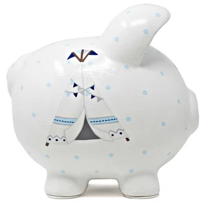 Bank Blue Bohemian Piggy Bank - One Piggy Bank 7.5 Inches - Arrows Tent Tepee - 36911 - Ceramic - White 3 Bank Blue Bohemian Piggy Bank - One Piggy Bank 7.5 Inches - Arrows Tent Tepee - 36911 - Ceramic - White
