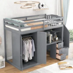 Twin Size Loft Bed With Wardrobe, Staircase, Desk And Storage Drawers - ModernLuxe