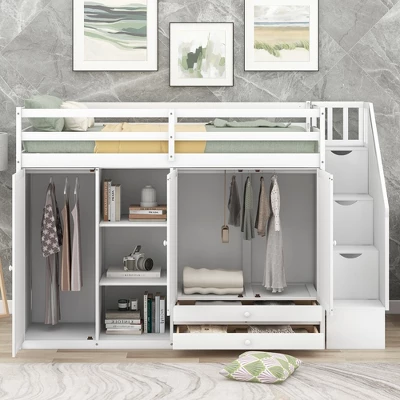 Functional Twin Loft Bed With 3 Shelves, 2 Wardrobes, 2 Drawers And Ladder With Storage-ModernLuxe 3 Functional Twin Loft Bed With 3 Shelves, 2 Wardrobes, 2 Drawers And Ladder With Storage-ModernLuxe