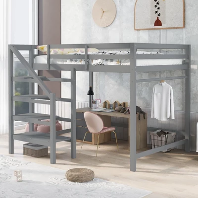 Full Size Loft Bed With Staircase And Safety Guardrails Gray/White-ModernLuxe 15 Full Size Loft Bed With Staircase And Safety Guardrails Gray/White-ModernLuxe - Image 13