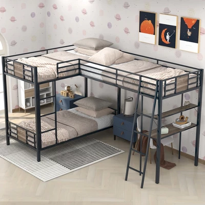 L-Shaped Twin Over Twin Bunk Bed With Twin Size Loft Bed With Desk And Shelf , Brown - ModernLuxe 4 L-Shaped Twin Over Twin Bunk Bed With Twin Size Loft Bed With Desk And Shelf , Brown - ModernLuxe - Image 2