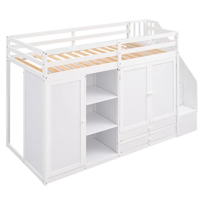 Functional Twin Loft Bed With 3 Shelves, 2 Wardrobes, 2 Drawers And Ladder With Storage-ModernLuxe 7 Functional Twin Loft Bed With 3 Shelves, 2 Wardrobes, 2 Drawers And Ladder With Storage-ModernLuxe - Image 5