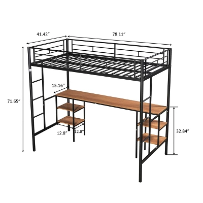 Metal Twin Size Low Loft Bed With Storage Shelf And Table, Black - ModernLuxe 4 Metal Twin Size Low Loft Bed With Storage Shelf And Table, Black - ModernLuxe - Image 2
