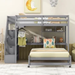 Twin Over Full Bunk Bed With Storage Stairs, Desk, Shelves And Hanger - ModernLuxe