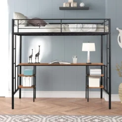Metal Twin Size Low Loft Bed With Storage Shelf And Table, Black - ModernLuxe