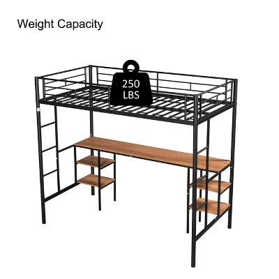 Metal Twin Size Low Loft Bed With Storage Shelf And Table, Black - ModernLuxe 6 Metal Twin Size Low Loft Bed With Storage Shelf And Table, Black - ModernLuxe - Image 4