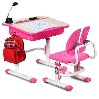 Costway Adjustable Children Study Desk Chair Set W/Winged Backrest Pink 3 Costway Adjustable Children Study Desk Chair Set W/Winged Backrest Pink