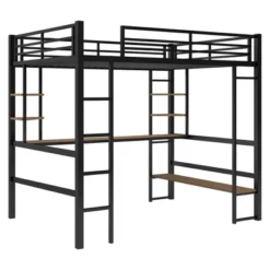 Full Size Metal Loft Bed With Long Desk And Shelves, Black - ModernLuxe -Child Furniture Shop GUEST 7653202b fa34 41ef 9b31 99388055da6d