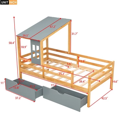 Twin Size House Low Loft Bed With Two Storage Drawers - ModernLuxe 4 Twin Size House Low Loft Bed With Two Storage Drawers - ModernLuxe - Image 2