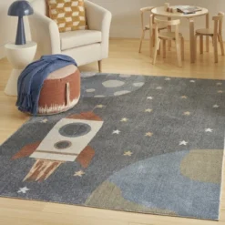 Nourison Kids Washable Space Rocketship Indoor Rug