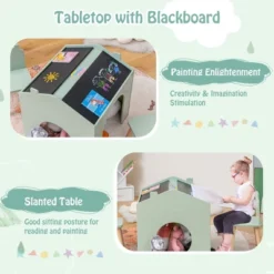 Costway 3 Piece Kids Wooden Table And Chair Set With Blackboard For Drawing Reading Green/Gray/White -Child Furniture Shop GUEST 8beffede 7a3f 42c7 892d 12a61005f670
