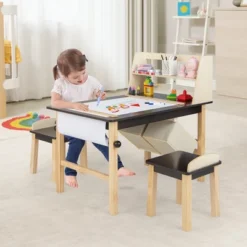 Costway Kids Art Table & Chairs Set Wooden Drawing Desk With Paper Roll Storage Shelf Bins -Child Furniture Shop GUEST 9b6e5dd0 951e 474d 8a63 48ae995e6600