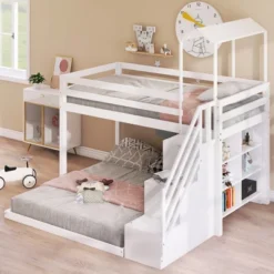 Twin Over Full Bunk Bed With Staircase, Shelves And House Roof-ModernLuxe