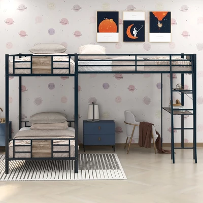 L-Shaped Twin Over Twin Bunk Bed With Twin Size Loft Bed With Desk And Shelf , Brown - ModernLuxe 3 L-Shaped Twin Over Twin Bunk Bed With Twin Size Loft Bed With Desk And Shelf , Brown - ModernLuxe