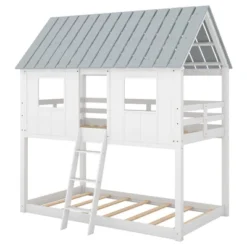 Twin Over Twin Low Bunk Beds With House Shaped Roof And Guardrail, White-ModernLuxe -Child Furniture Shop GUEST bd7f0bb8 5c84 4939 9f57 343b13d1d4f6