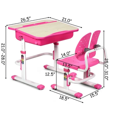 Costway Adjustable Children Study Desk Chair Set W/Winged Backrest Pink 9 Costway Adjustable Children Study Desk Chair Set W/Winged Backrest Pink - Image 7