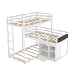 Twin Size L-shaped Wood Triple Bunk Bed With Storage Cabinet, Ladder And Blackboard-ModernLuxe -Child Furniture Shop GUEST e0255907 8069 4613 8d11 0d512c2b1819