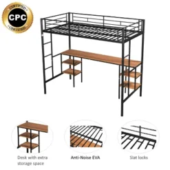 Metal Twin Size Low Loft Bed With Storage Shelf And Table, Black - ModernLuxe 13 Metal Twin Size Low Loft Bed With Storage Shelf And Table, Black - ModernLuxe -Child Furniture Shop GUEST e40513af 7780 4d5c a91e e0f24df9e08a