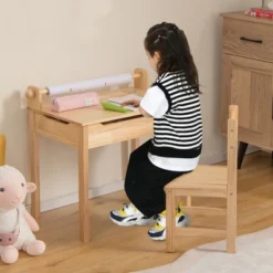 Costway Toddler Multi Activity Table With Chair Kids Art & Crafts Table With Paper Roll Holder