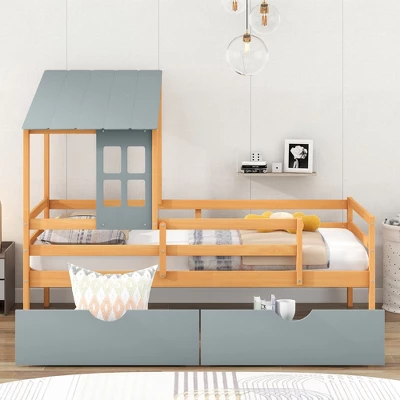 Twin Size House Low Loft Bed With Two Storage Drawers - ModernLuxe 3 Twin Size House Low Loft Bed With Two Storage Drawers - ModernLuxe