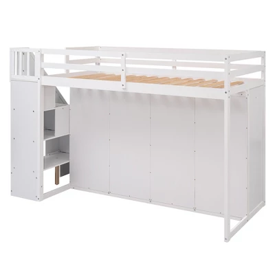 Functional Twin Loft Bed With 3 Shelves, 2 Wardrobes, 2 Drawers And Ladder With Storage-ModernLuxe 11 Functional Twin Loft Bed With 3 Shelves, 2 Wardrobes, 2 Drawers And Ladder With Storage-ModernLuxe - Image 9