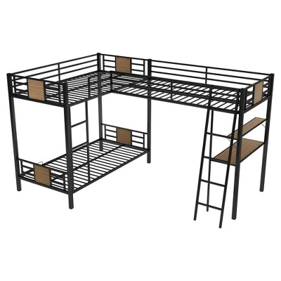 L-Shaped Twin Over Twin Bunk Bed With Twin Size Loft Bed With Desk And Shelf , Brown - ModernLuxe 7 L-Shaped Twin Over Twin Bunk Bed With Twin Size Loft Bed With Desk And Shelf , Brown - ModernLuxe - Image 5